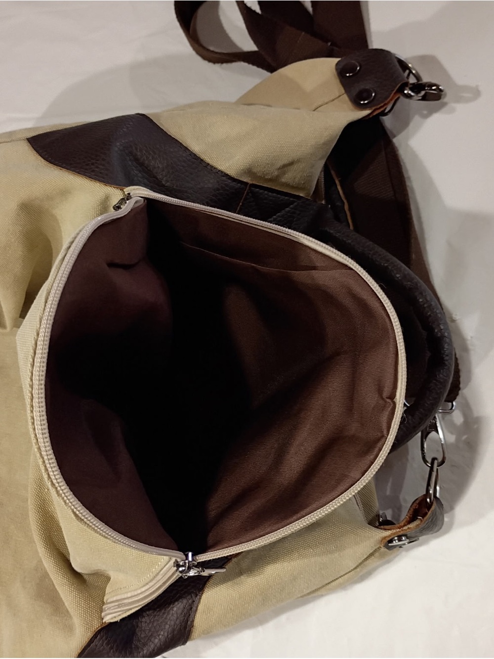 Large Beige Canvas & Brown Faux Leather Hobo Crossbody Bag Boho Tote - Picture 7 of 11